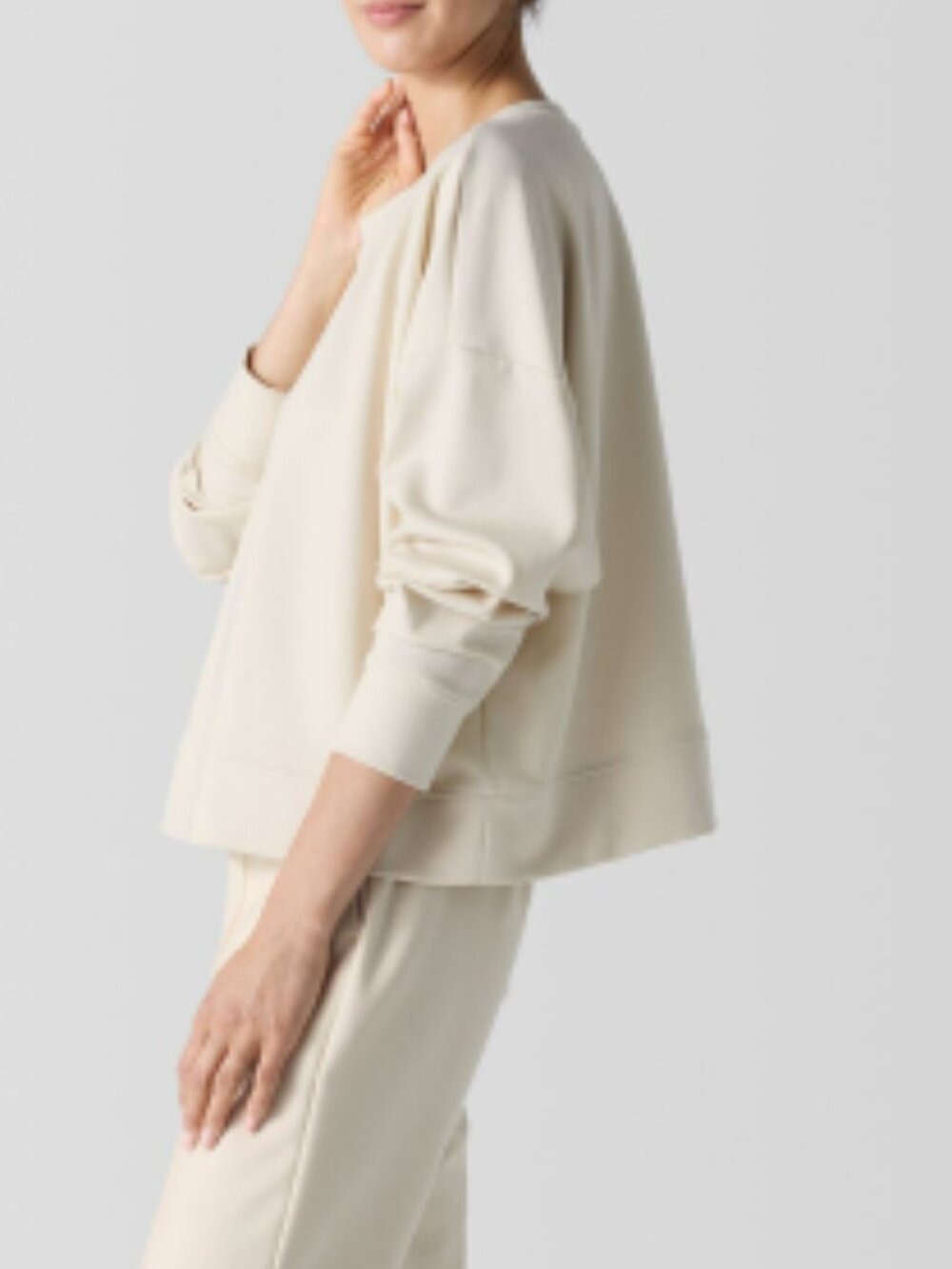 Eileen Fisher Lightweight Ponte Round Neck Top Cream Almond Boxy Long Sleeve – L - Picture 2 of 5